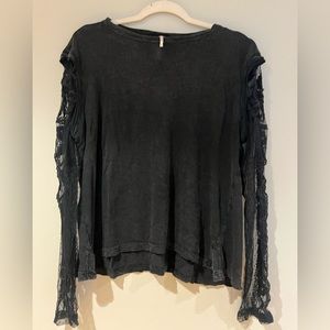 FREE PEOPLE Lace Sleeve T-Shirt Top Size L